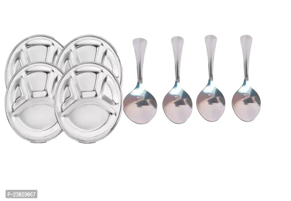Stainless Steel Round Lunch Dinner Plate, Bhojan Thali 4 in 1 with spoon (pack of 4)-thumb0