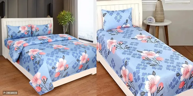 160TC Glace Cotton Same Design Combo set of 1 Double Bedsheet with 2 Pillow Covers  1 Single Bedsheet with 1 Pillow Cover