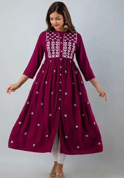 Stylish Viscose Rayon A-Line Embroidered Stitched Kurti For Women