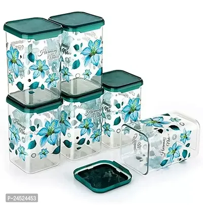 Premium Quality Airtight Printed Design Square Container Set - 1100 Ml Plastic Grocery Container (Pack Of 6, Green)-thumb0