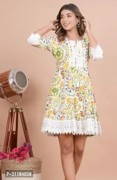 Stylish Multicoloured Cotton Printed A-Line Dress For Women-thumb0