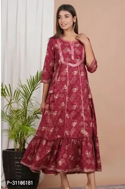 Stylish Maroon Rayon Printed Stitched Ethnic Gown For Women-thumb0