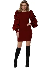 NALAX DESIGNS Women's Bodycon Designer Western Party Puff Sleeve Marron Dress | Cotton Lycra |Maroon (ND-36-MRN-S) (Small)-thumb3