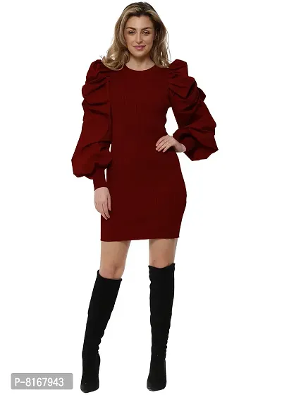 NALAX DESIGNS Women's Bodycon Designer Western Party Puff Sleeve Marron Dress | Cotton Lycra |Maroon (ND-36-MRN-S) (Small)-thumb4