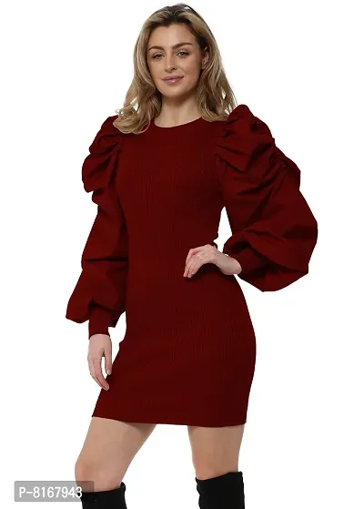 NALAX DESIGNS Women's Bodycon Designer Western Party Puff Sleeve Marron Dress | Cotton Lycra |Maroon (ND-36-MRN-S) (Small)-thumb3