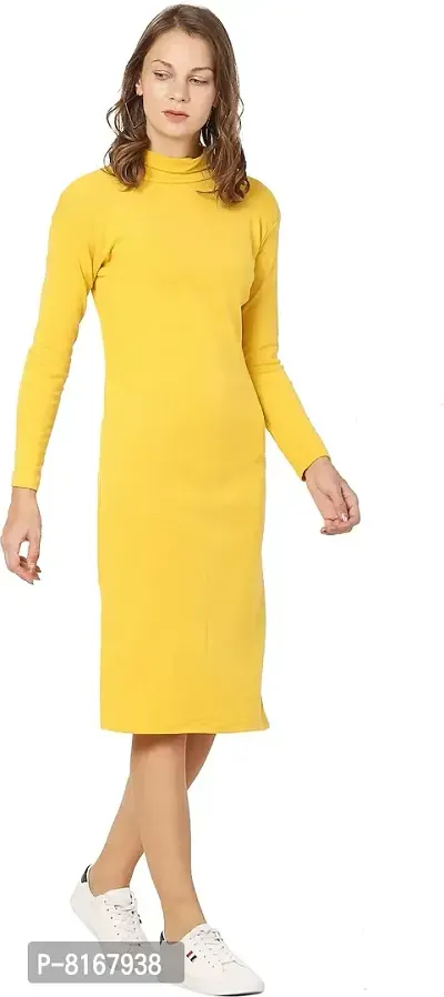 NALAX DESIGNS Women's Bodycon Designer Western Full Sleeve High Neck Knee Length Dress | Cotton Lycra |Yellow (ND-04-YLO-L) (Large)-thumb0