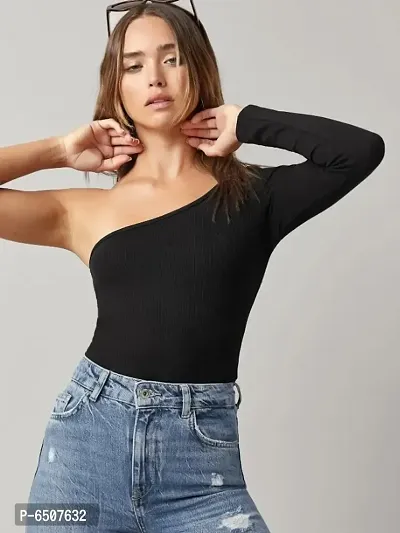 One Shoulder Black Fitted Top-thumb0