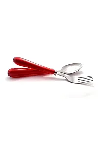 REGIUS 12-Pieces Set of Table Spoon  Fork Stainless Steel with Shiny Red Plastic Handle for Kitchen and Dining Table Spoon and Fork for Lunch Dinner (Set of 12 Spoon  Fork) Pack of 1 Color (Red)-thumb1