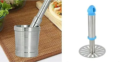 REGIUS Mortar  Pestle Imam Dasta Ohkli Musal Kharal Khalbatta Okhli Masher Masher Aluminium with Free Stainless Steel Potato Vegetable Pav Bhaji Masher (Set of 2).-thumb1