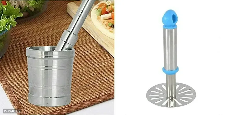 REGIUS Mortar  Pestle Imam Dasta Ohkli Musal Kharal Khalbatta Okhli Masher Masher Aluminium with Free Stainless Steel Potato Vegetable Pav Bhaji Masher (Set of 2).-thumb2