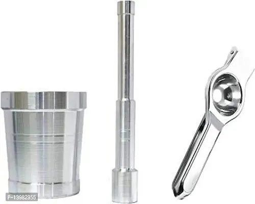 REGIUS OKHLI-Lemon Aluminium Mortar and Pestle Set/Imam Dasta/Okhli and Stainless Steel Lemon Squeezer Silver Kitchen Tool Set (Silver)