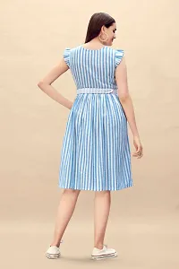 Stylish Blue Cotton Striped Fit And Flare Dress Dress For Women-thumb1