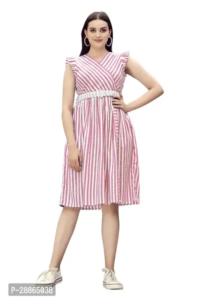 Stylish Pink Cotton Striped Fit And Flare Dress Dress For Women-thumb0