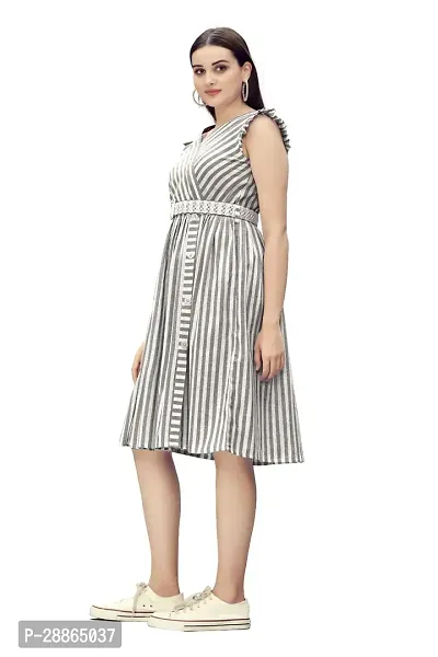 Stylish Grey Cotton Striped Fit And Flare Dress Dress For Women-thumb2