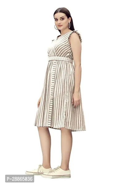 Stylish Beige Cotton Striped Fit And Flare Dress Dress For Women-thumb2