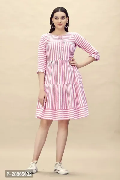 Stylish Pink Cotton Striped Fit And Flare Dress Dress For Women-thumb0