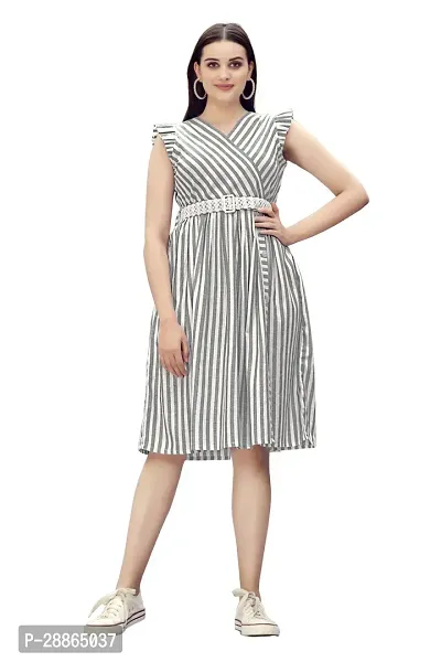 Stylish Grey Cotton Striped Fit And Flare Dress Dress For Women-thumb0