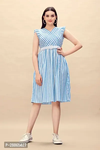 Stylish Blue Cotton Striped Fit And Flare Dress Dress For Women-thumb0