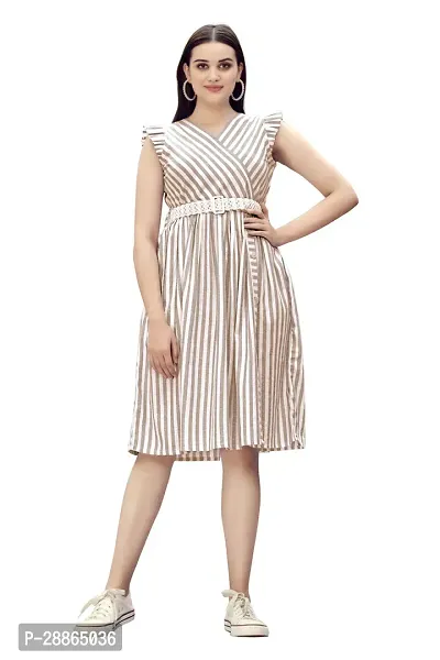 Stylish Beige Cotton Striped Fit And Flare Dress Dress For Women-thumb0