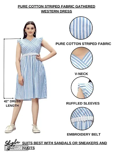 Stylish Blue Cotton Striped Fit And Flare Dress Dress For Women-thumb4