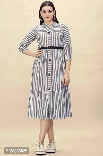 Stylish Grey Cotton Striped Layered Dress For Women-thumb0