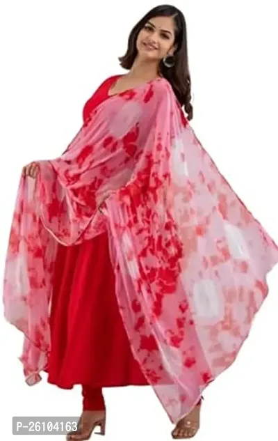 Beautiful Straight Red Printed Rayon Kurta Pant and Dupatta Set