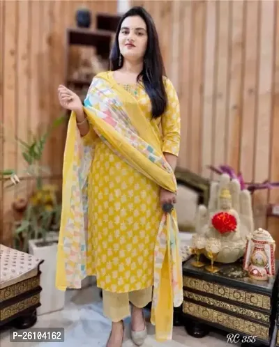 Beautiful Straight Yellow Printed Rayon Kurta Bottom and Dupatta Set-thumb0