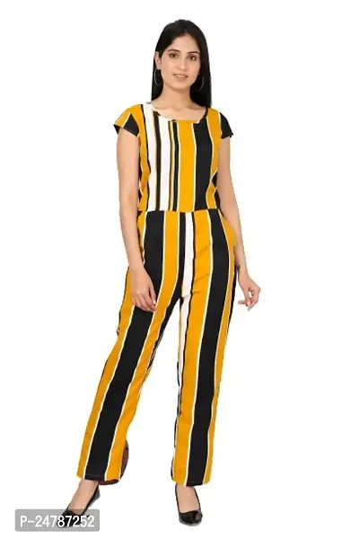 9ZEUS Yellow Striped Women Jumpsuit with Contrast Belt, Round Neck and Short Sleeves - Material : Crepe, Color : Yellow-thumb0