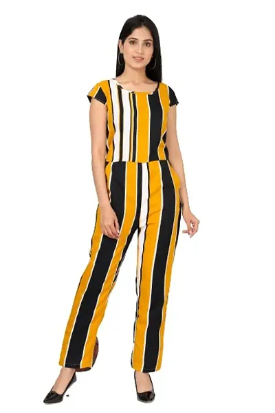 9ZEUS Striped Women Jumpsuit with Contrast Belt, Round Neck and Short Sleeves - Material : Crepe, Color :