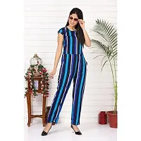 9ZEUS Blue Striped Women Jumpsuit with Contrast Belt, Round Neck and Short Sleeves - Material : Crepe, Color : Blue-thumb1