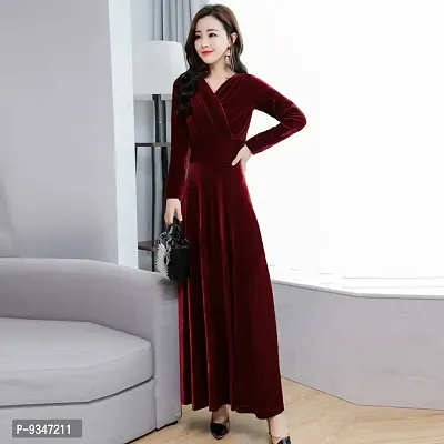 Classy Solid Long V Neck Velvet Dress For Women-thumb0