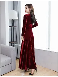 Classy Solid Long V Neck Velvet Dress For Women-thumb1