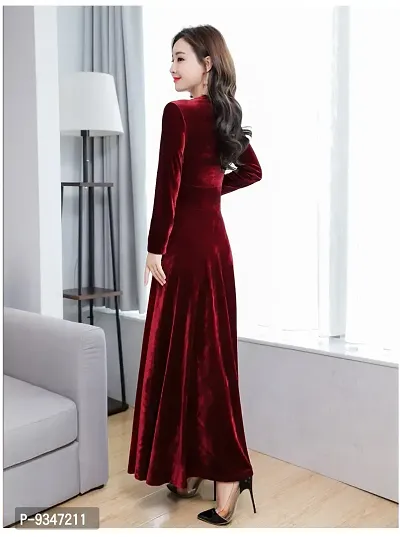 Classy Solid Long V Neck Velvet Dress For Women-thumb2