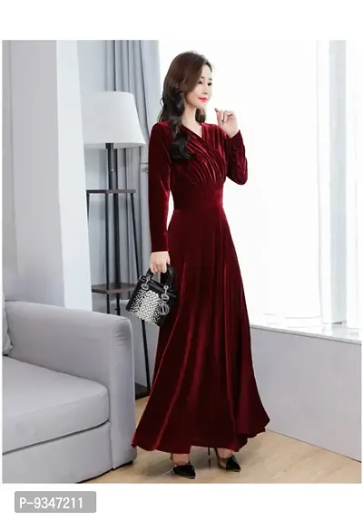 Classy Solid Long V Neck Velvet Dress For Women-thumb3