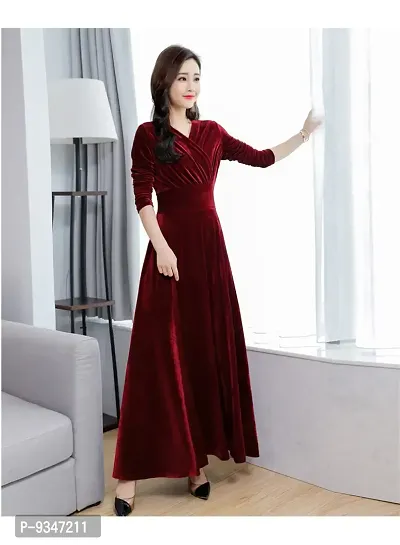 Classy Solid Long V Neck Velvet Dress For Women-thumb4