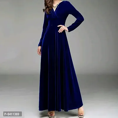 Classy Blue Solid Long Velvet Dress For Women