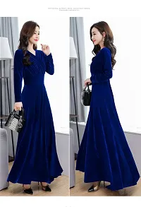 Classy Blue Solid Long Velvet Dress For Women-thumb1