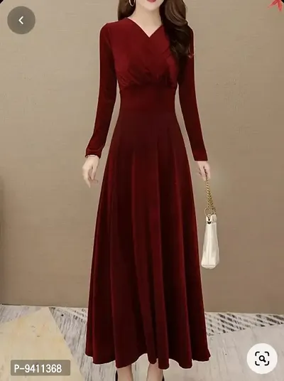Classy Maroon Solid Long Velvet Dress For Women-thumb0