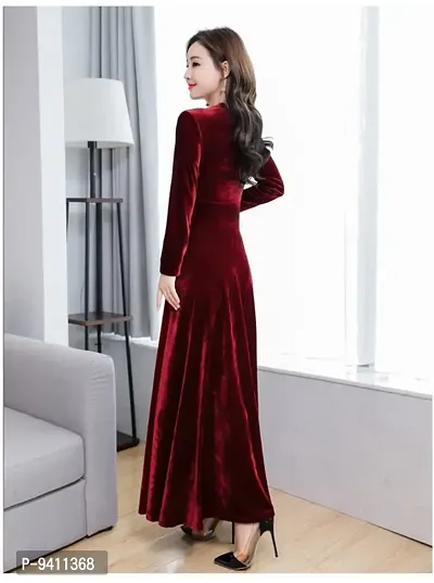 Classy Maroon Solid Long Velvet Dress For Women-thumb2