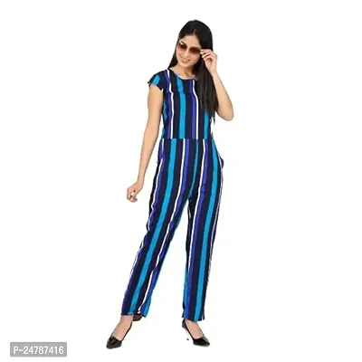 9ZEUS Blue Striped Women Jumpsuit with Contrast Belt, Round Neck and Short Sleeves - Material : Crepe, Color : Blue-thumb0