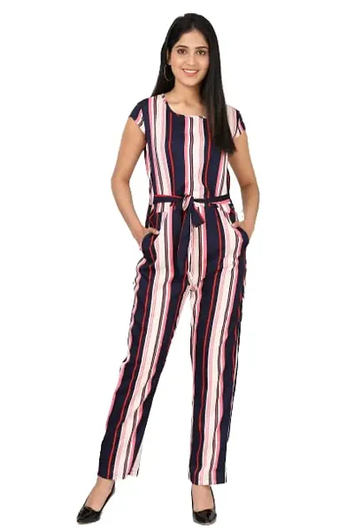 9ZEUS Striped Women Jumpsuit with Contrast Belt, Round Neck and Short Sleeves - Material : Crepe, Color : Mulitcolor