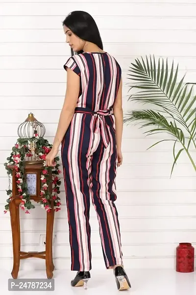 9ZEUS Multicolor Striped Women Jumpsuit with Contrast Belt, Round Neck and Short Sleeves - Material : Crepe, Color : Mulitcolor-thumb3