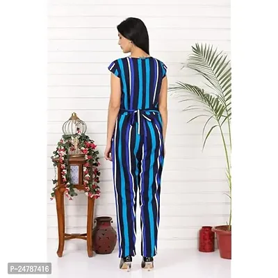 9ZEUS Blue Striped Women Jumpsuit with Contrast Belt, Round Neck and Short Sleeves - Material : Crepe, Color : Blue-thumb3