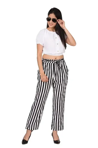 9ZEUS Designer Women White Crop Top With Blue and White Striped Pants/Trouser - Pant and Top Set for Women for Casual