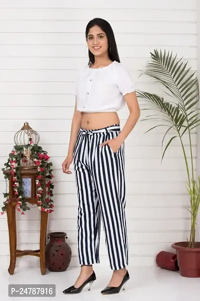 9ZEUS Designer Women White Crop Top With Blue and White Striped Pants/Trouser - Pant and Top Set for Women for Casual-thumb2