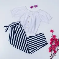 9ZEUS Designer Women White Crop Top With Blue and White Striped Pants/Trouser - Pant and Top Set for Women for Casual-thumb2