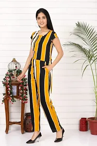 9ZEUS Yellow Striped Women Jumpsuit with Contrast Belt, Round Neck and Short Sleeves - Material : Crepe, Color : Yellow-thumb1