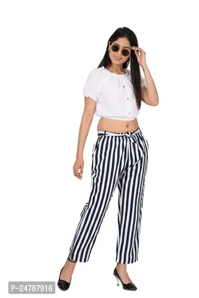9ZEUS Designer Women White Crop Top With Blue and White Striped Pants/Trouser - Pant and Top Set for Women for Casual-thumb0