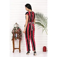 9ZEUS Red Striped Women Jumpsuit with Contrast Belt, Round Neck and Short Sleeves - Material : Crepe, Color : Red-thumb2