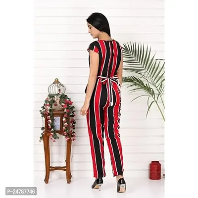 9ZEUS Red Striped Women Jumpsuit with Contrast Belt, Round Neck and Short Sleeves - Material : Crepe, Color : Red-thumb3